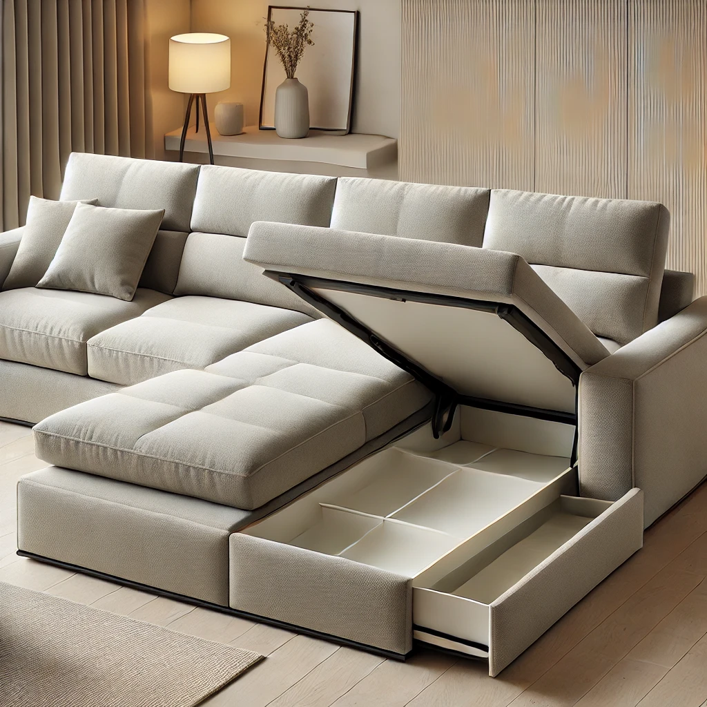 A sofa with storage capabilities to make more room after a downsizing clearout.